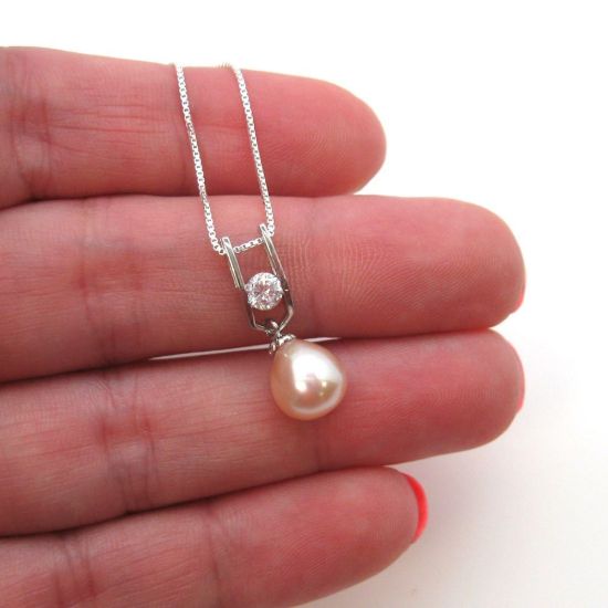 Wholesale Sterling Silver Pink Freshwater Pearl and CZ Stone Pendant Necklace-18"
