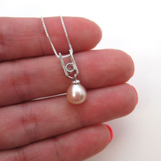 Wholesale Sterling Silver Pink Freshwater Pearl and CZ Stone Pendant Necklace-18"