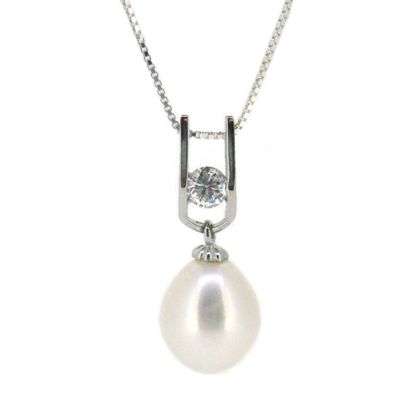 Wholesale Sterling Silver White Freshwater Pearl and CZ Stone Pendant Necklace-18"