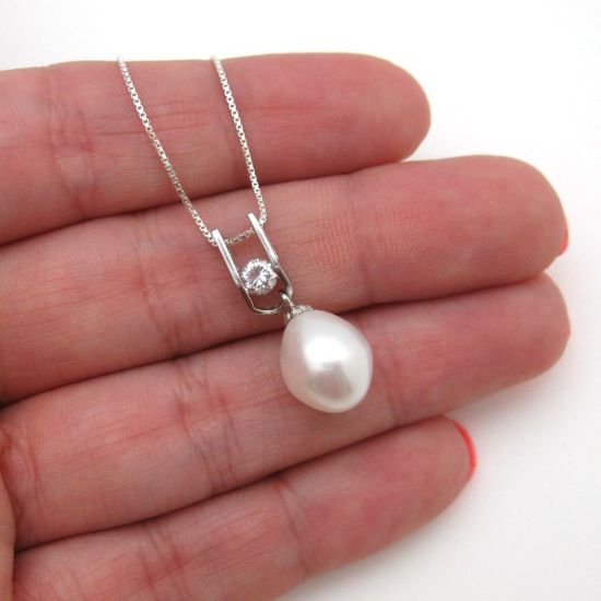 Wholesale Sterling Silver White Freshwater Pearl and CZ Stone Pendant Necklace-18"