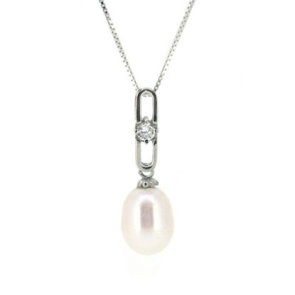 Wholesale Sterling Silver White Freshwater Pearl and CZ Stone Elongated Oval Pendant Necklace-18"