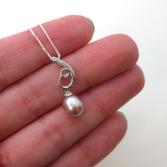 Wholesale Sterling Silver Pink Freshwater Pearl and CZ Stone Swirl Pendant Necklace-16"