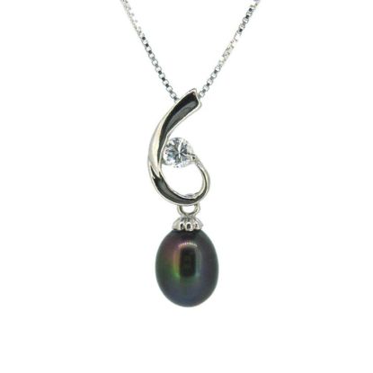 Wholesale Sterling Silver Peacock Freshwater Pearl and CZ Stone Swirl Pendant Necklace-16"