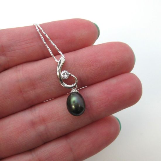 Wholesale Sterling Silver Peacock Freshwater Pearl and CZ Stone Swirl Pendant Necklace-16"