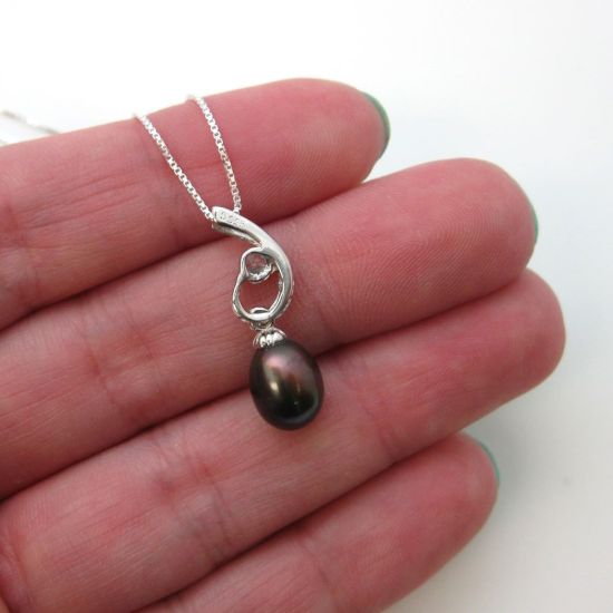 Wholesale Sterling Silver Peacock Freshwater Pearl and CZ Stone Swirl Pendant Necklace-16"