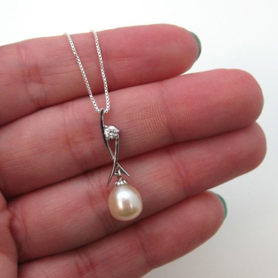 Wholesale Sterling Silver Cream Freshwater Pearl and CZ Stone Crossed Pendant Necklace-16"