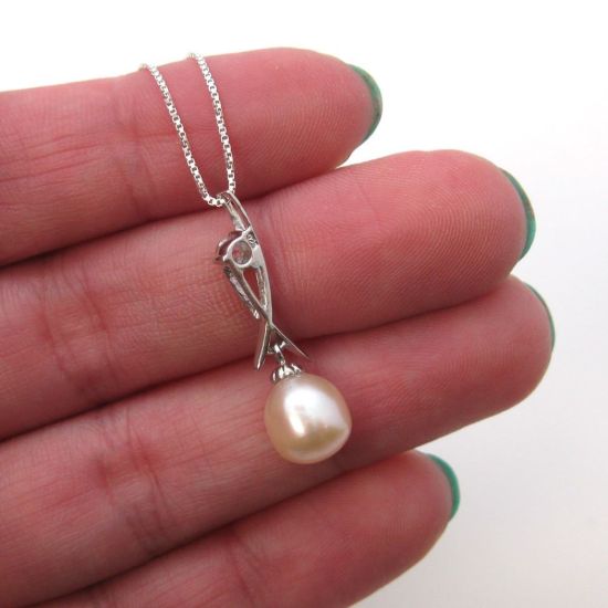 Wholesale Sterling Silver Cream Freshwater Pearl and CZ Stone Crossed Pendant Necklace-16"