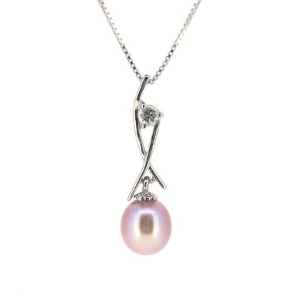 Wholesale Sterling Silver Pink Freshwater Pearl and CZ Stone Crossed Pendant Necklace-16"