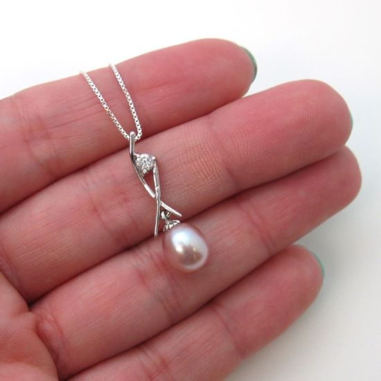 Wholesale Sterling Silver Pink Freshwater Pearl and CZ Stone Crossed Pendant Necklace-16"