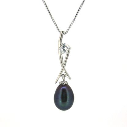 Wholesale Sterling Silver Peacock Freshwater Pearl and CZ Stone Crossed Pendant Necklace-16"