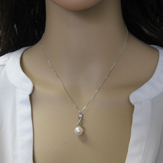 Wholesale Sterling Silver White Freshwater Pearl and CZ Stone Crossed Pendant Necklace-16"