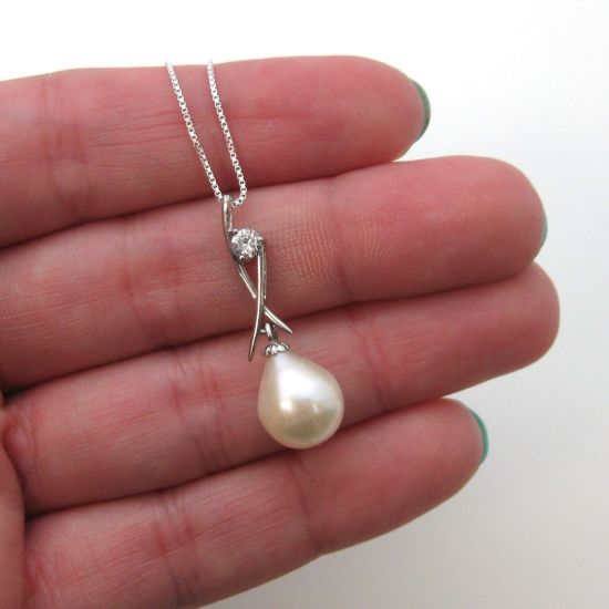 Wholesale Sterling Silver White Freshwater Pearl and CZ Stone Crossed Pendant Necklace-16"