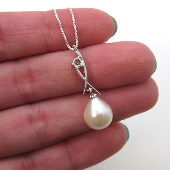 Wholesale Sterling Silver White Freshwater Pearl and CZ Stone Crossed Pendant Necklace-16"