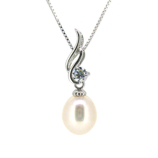Wholesale Sterling Silver White Freshwater Pearl and CZ Stone Wave Pendant Necklace-16"