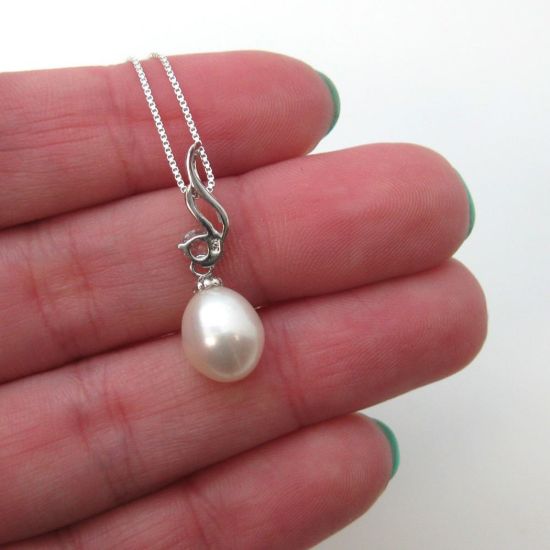 Wholesale Sterling Silver White Freshwater Pearl and CZ Stone Wave Pendant Necklace-16"
