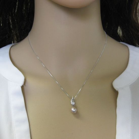 Wholesale Sterling Silver Pink Freshwater Pearl and CZ Stone Wave Pendant Necklace-16"