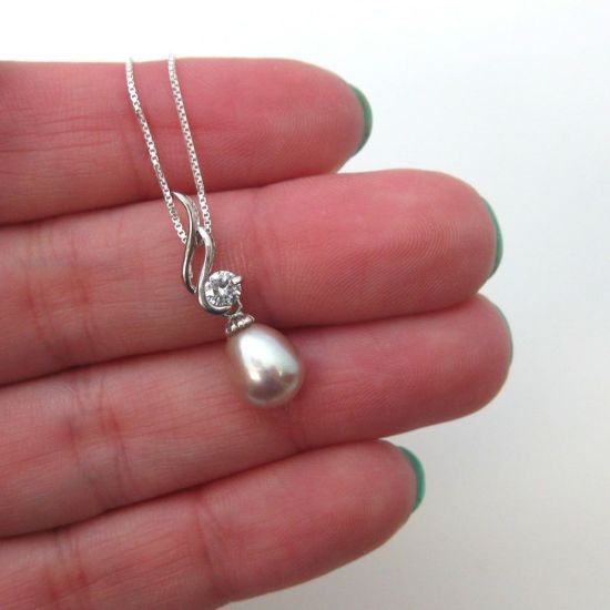 Wholesale Sterling Silver Pink Freshwater Pearl and CZ Stone Wave Pendant Necklace-16"