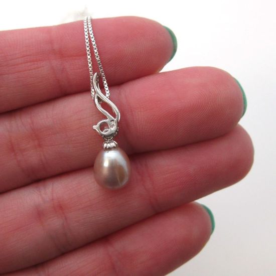 Wholesale Sterling Silver Pink Freshwater Pearl and CZ Stone Wave Pendant Necklace-16"