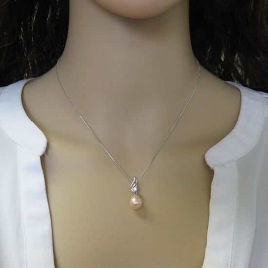 Wholesale Sterling Silver Cream Freshwater Pearl and CZ Stone Wave Pendant Necklace-16"