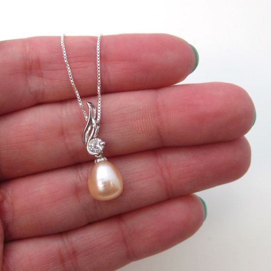 Wholesale Sterling Silver Cream Freshwater Pearl and CZ Stone Wave Pendant Necklace-16"