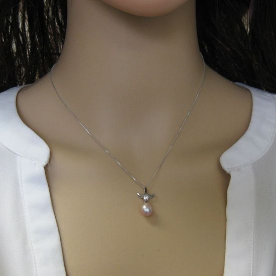 Wholesale Sterling Silver Pink Freshwater Pearl and CZ Stone Petal Pendant Necklace-16"