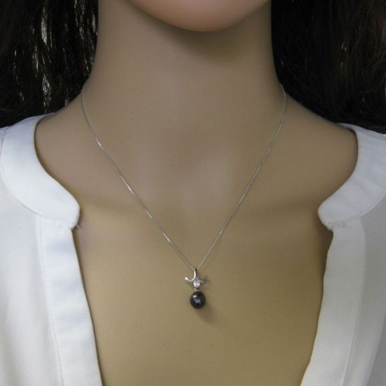 Wholesale Sterling Silver Peacock Freshwater Pearl and CZ Stone Petal Pendant Necklace-16"