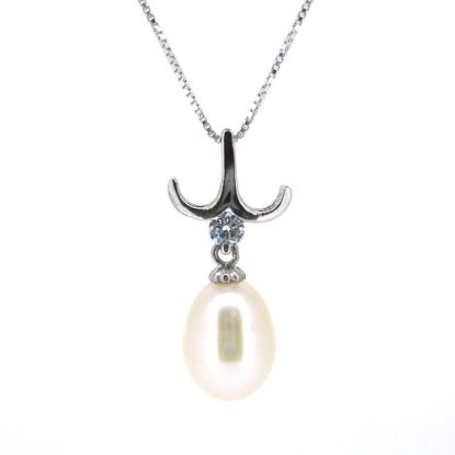 Wholesale Sterling Silver White Freshwater Pearl and CZ Stone Petal Pendant Necklace-16"