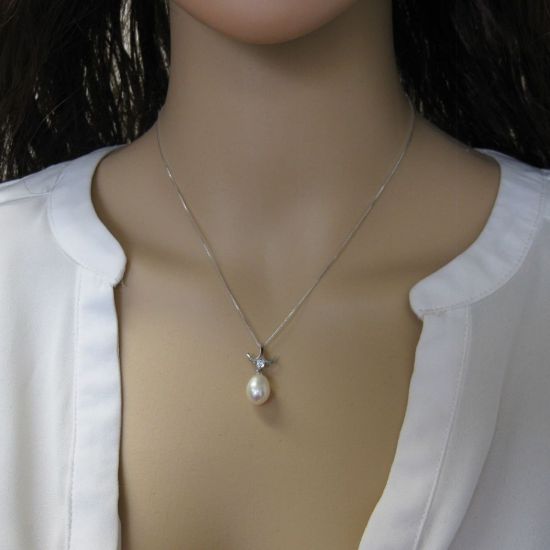 Wholesale Sterling Silver White Freshwater Pearl and CZ Stone Petal Pendant Necklace-16"