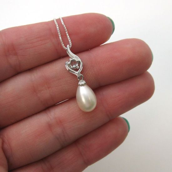 Wholesale Sterling Silver White Freshwater Pearl and CZ Stone Flame Pendant Necklace-16"