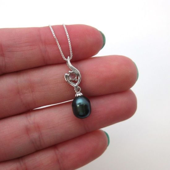 Wholesale Sterling Silver Peacock Freshwater Pearl and CZ Stone Flame Pendant Necklace-16"