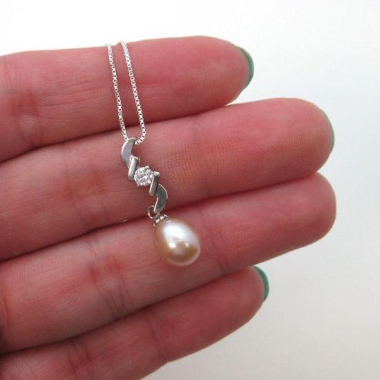 Wholesale Sterling Silver Pink Freshwater Pearl and CZ Stone Zigzag Pendant Necklace-16"