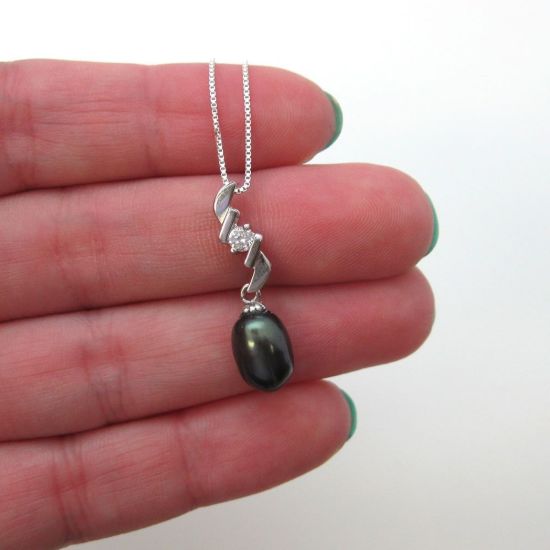 Wholesale Sterling Silver Peacock Freshwater Pearl and CZ Stone Zigzag Pendant Necklace-16"