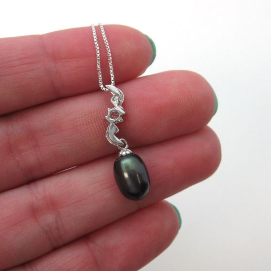 Wholesale Sterling Silver Peacock Freshwater Pearl and CZ Stone Zigzag Pendant Necklace-16"