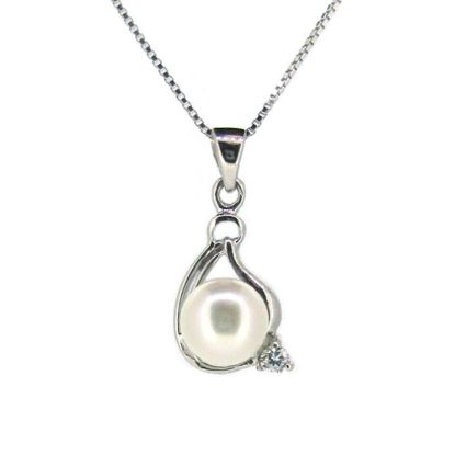 Wholesale Sterling Silver White Freshwater Pearl and CZ Stone Teardrop Pendant Necklace-16"