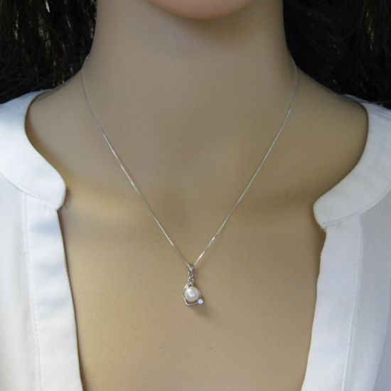 Wholesale Sterling Silver White Freshwater Pearl and CZ Stone Teardrop Pendant Necklace-16"