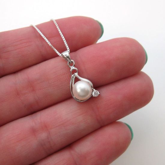 Wholesale Sterling Silver White Freshwater Pearl and CZ Stone Teardrop Pendant Necklace-16"