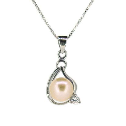 Wholesale Sterling Silver Cream Freshwater Pearl and CZ Stone Teardrop Pendant Necklace-16"