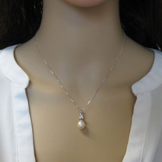 Wholesale Sterling Silver Cream Freshwater Pearl and Triangle CZ Stone Pendant Necklace-16"