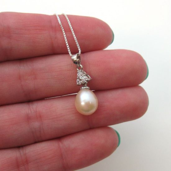 Wholesale Sterling Silver Cream Freshwater Pearl and Triangle CZ Stone Pendant Necklace-16"