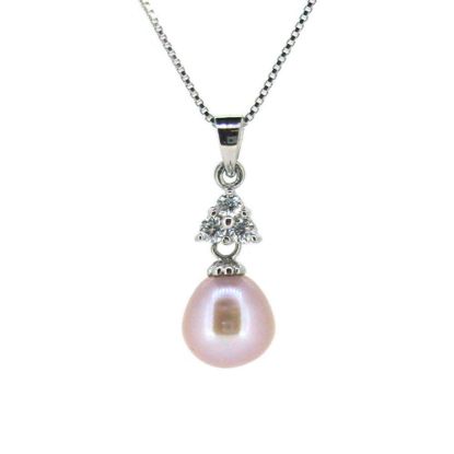 Wholesale Sterling Silver Pink Freshwater Pearl and Triangle CZ Stone Pendant Necklace-16"