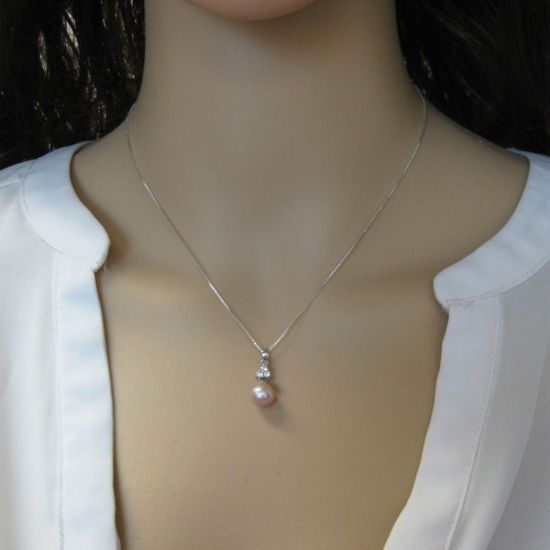 Wholesale Sterling Silver Pink Freshwater Pearl and Triangle CZ Stone Pendant Necklace-16"