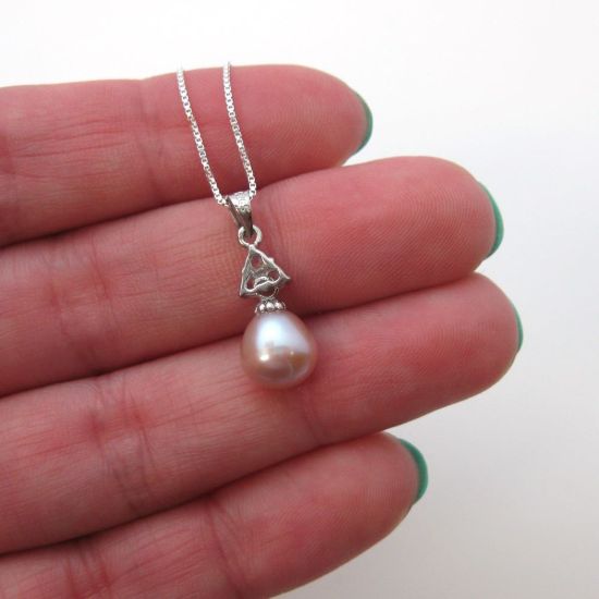 Wholesale Sterling Silver Pink Freshwater Pearl and Triangle CZ Stone Pendant Necklace-16"