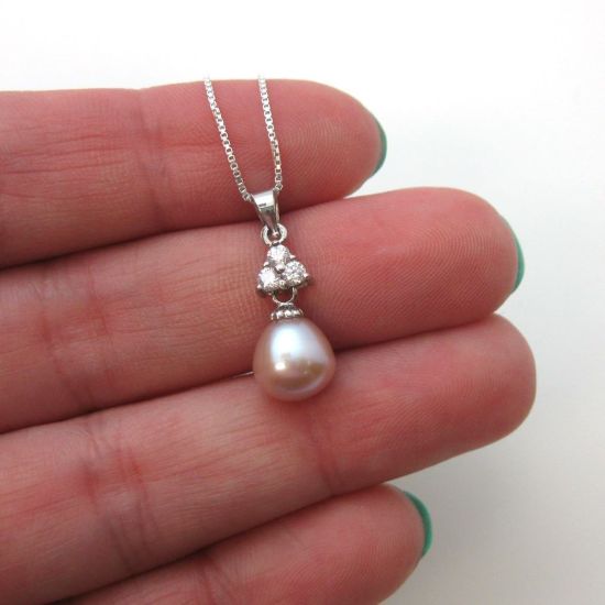 Wholesale Sterling Silver Pink Freshwater Pearl and Triangle CZ Stone Pendant Necklace-16"
