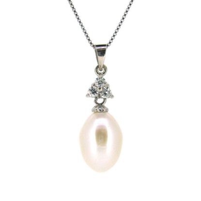 Wholesale Sterling Silver White Freshwater Pearl and Triangle CZ Stone Pendant Necklace-16"