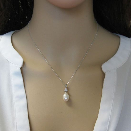 Wholesale Sterling Silver White Freshwater Pearl and Triangle CZ Stone Pendant Necklace-16"