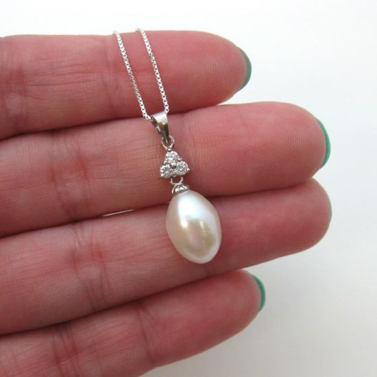 Wholesale Sterling Silver White Freshwater Pearl and Triangle CZ Stone Pendant Necklace-16"