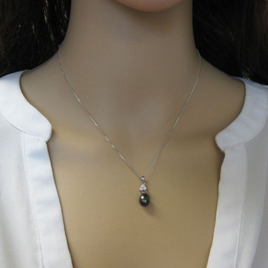 Wholesale Sterling Silver Peacock Freshwater Pearl and Triangle CZ Stone Pendant Necklace-16"