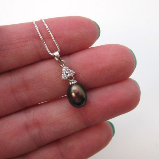 Wholesale Sterling Silver Peacock Freshwater Pearl and Triangle CZ Stone Pendant Necklace-16"