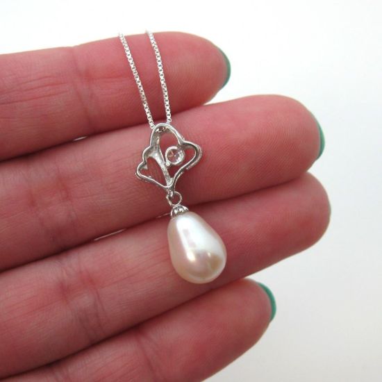 Wholesale Sterling Silver White Freshwater Pearl and CZ Stone Heart Pendant Necklace-16"