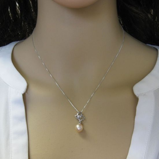 Wholesale Sterling Silver Cream Freshwater Pearl and CZ Stone Heart Pendant Necklace-16"